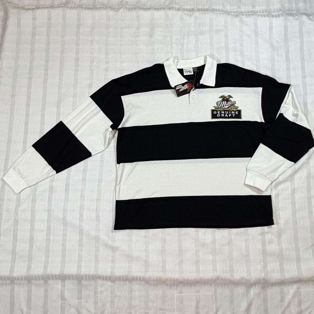 Miller Genuine Draft Rugby Polo Shirt Mens Black White Stripe Long Sleeve NWT-L